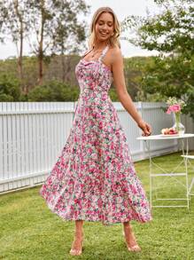 KARISMINA 女士花卉印花挂脖中长度假连衣裙 - 粉色 - 查看 4