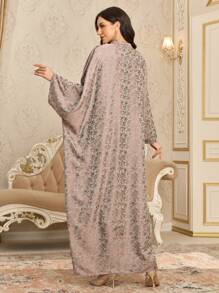 Al Najma Gold Pearl & Rhinestone Embellished Batwing Sleeve Party Robe, Kaftan & Jalabiya - Multicolor - View 2