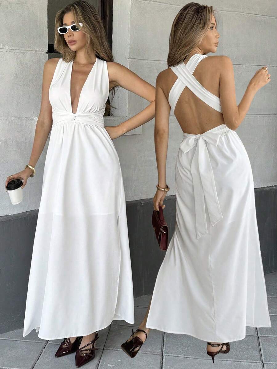 Chiquease 女士度假白色纯色深 V 领扭腰性感连衣裙，单身女郎装