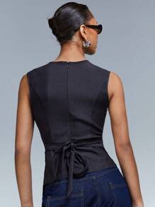 Athîral Women's Fashion Charcoal Grey Drawstring Ruched Fitted Sleeveless Asymmetrical Detail Commuting Tank Top Tailoring - Dark Grey - View 4