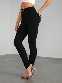 SHEIN Tall Casual Versatile Solid Color Slim Fit Pants - Black - View 7