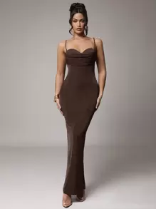 Silquee Women's Elegant Summer Maxi Dress,Dark Brown Stretchy Knit Spaghetti Strap Ruched Night Out Party Dress,Formal Wedding Cocktail Gala Gown - Coffee Brown - View 1