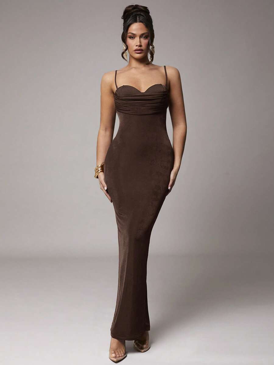 Silquee Women's Elegant Summer Maxi Dress,Dark Brown Stretchy Knit Spaghetti Strap Ruched Night Out Party Dress,Formal Wedding Cocktail Gala Gown - Coffee Brown - View 1