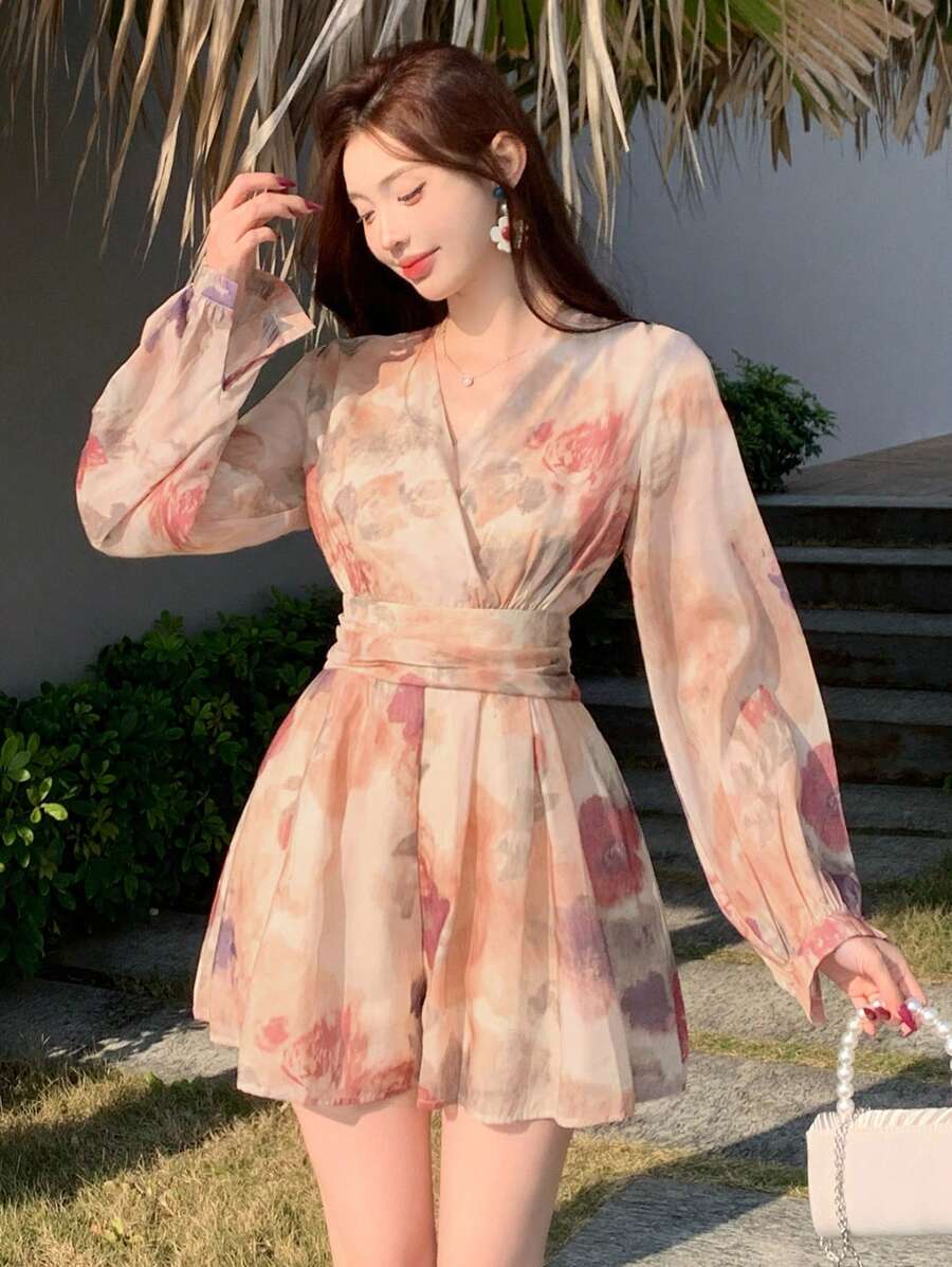 DAZY 女士碎花灯笼袖收腰连体裤，优雅假日夏季女式连体裤度假装 - 粉色 - 查看 1