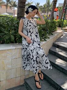 DAZY Vestido largo y holgado sin mangas elegante para mujeres, estilo de vacaciones con diseño floral - Blanco y Negro - Ver 6
