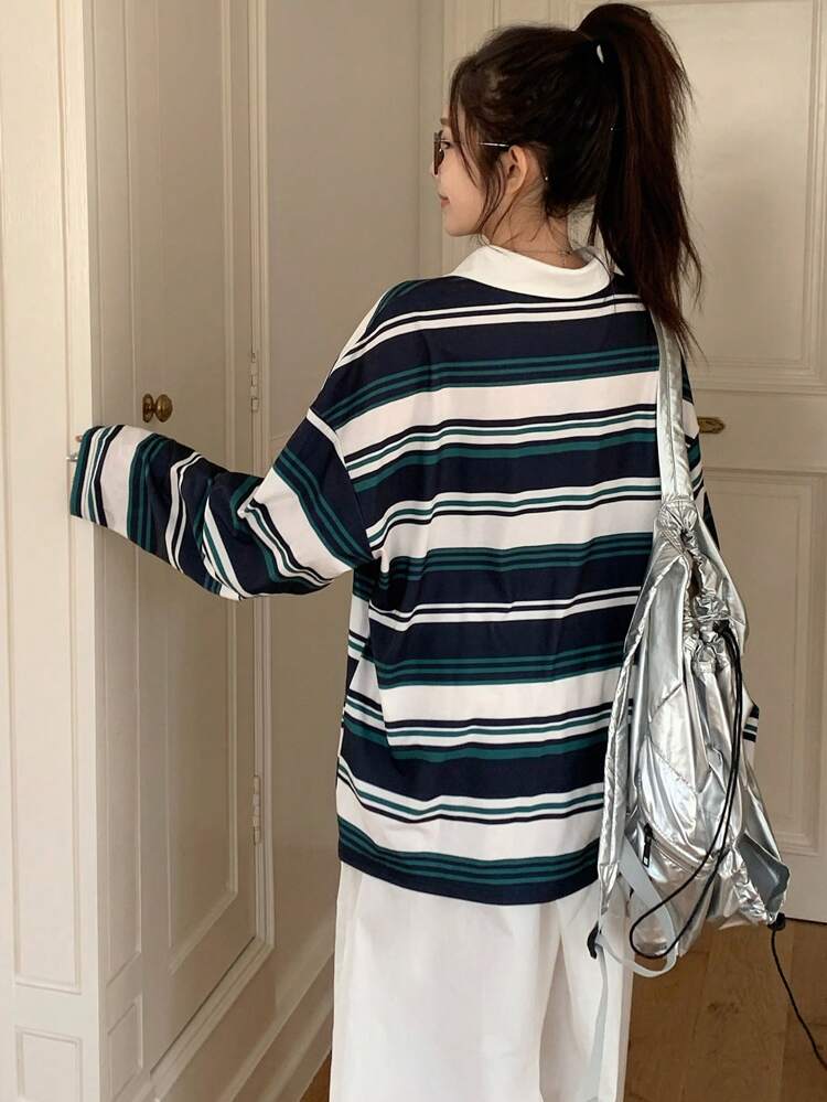 Casual Sports Colorblock Stripe Long Sleeve Loose T-Shirt For Women, Spring/Summer,Fall Clothes