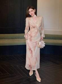 DAZY 女士优雅扎染印花泡泡袖连衣裙秋季优雅长袖连衣裙 - 米色 - 查看 3