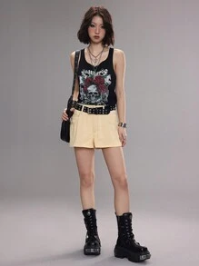 SHEIN EZwear Women's Summer Cowgirl  Western Wear Boho  Grunge Streetwear Linen Textured Double Waistband  Track Shorts