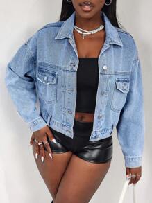 SHEIN EZwear Vintage Loose Fit Button Down Denim Jacket, Women - Blue - View 6