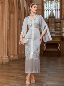 Al Najma Women's Elegant Sequin Embroidery Rhinestone Tassel Hem Arabian Dress, Luxury Evening Dress Arabian Dresses - Grey - View 5