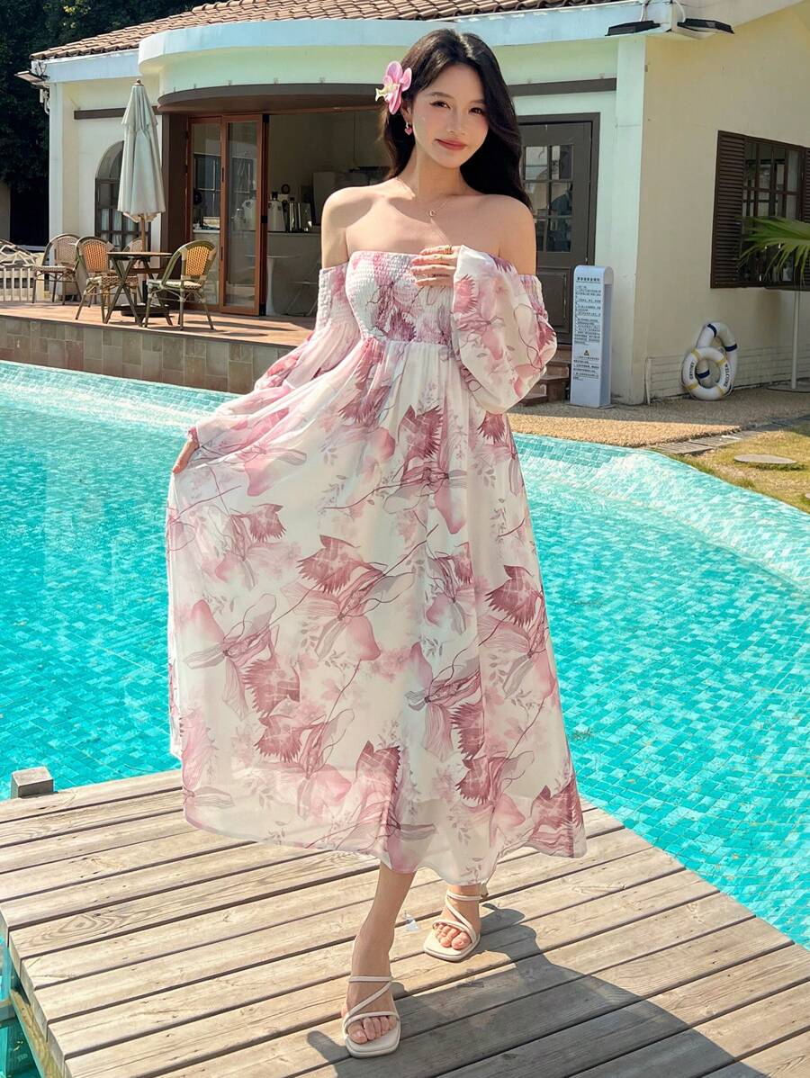 DAZY Vestido midi con hombros descubiertos y flores completas para mujeres, vestido largo de manga larga con estampado floral bohemio de otoño - Rojo - Ver 1