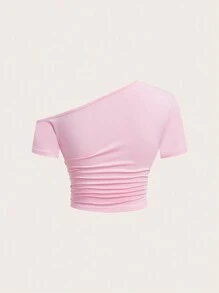 SHEIN EZwear 女士粉色不对称领口褶皱侧边短款T恤 - 粉色 - 查看 2
