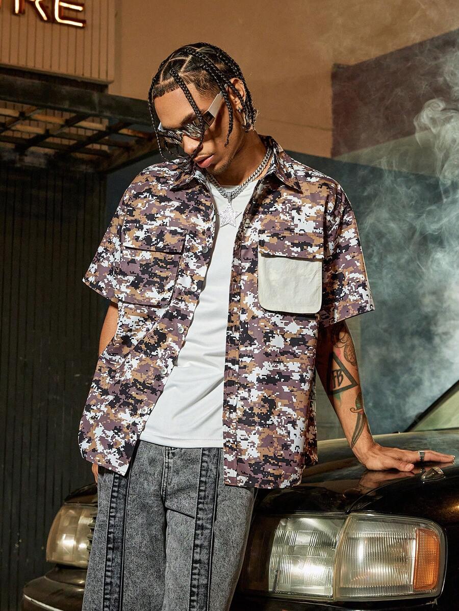 PAVTROS 男式迷彩印花工装口袋短袖衬衫 - 彩色 - 查看 1