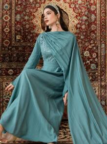 Al Najma Vestido de estilo árabe de manga larga y longitud de maxifalda para mujer