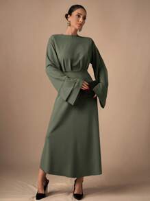 EURMUSE Women Long Sleeve Solid Color Long Dress, Casual Minimalist Fashion For Daily Wear - Olive Green - View 4