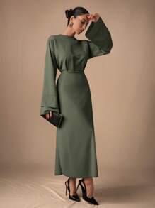 EURMUSE Women Long Sleeve Solid Color Long Dress, Casual Minimalist Fashion For Daily Wear - Olive Green - View 5