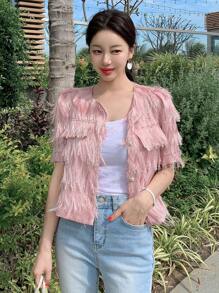 DAZY Textured Round Neck Puff Sleeve Button-Up Women Casual Shirt - Pink - View 4
