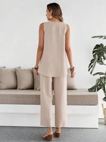 EMERY ROSE 2pcs/Set Women's Solid Color Round Neck Asymmetrical Hem Sleeveless Top And Pants - Khaki - View 3