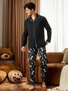 2pcs Men's Colorblock Trim Long Sleeve Top & Dinosaur Printed Long Pants Pajama Set, For Christmas - Black - View 6