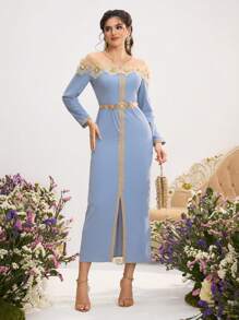 Al Najma Women's Elegant 3D Flower Decor Long Sleeve Arabic Style Dress, Arabian Dresses