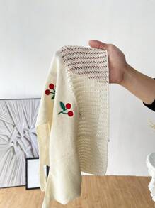 Lunelith SHEIN Lunessa Top sin mangas de punto en color albaricoque con bordado de cerezas hueco y cuello en V, de estilo minimalista y elegante, para verano