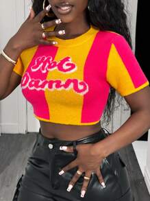 BamGleam Sporty Color Block Striped Short Sleeve Cropped Knit Top - Coral Orange - View 6
