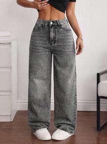 SHEIN ICON 女式宽松阔腿口袋休闲百搭牛仔裤 - 灰色 - 查看 1