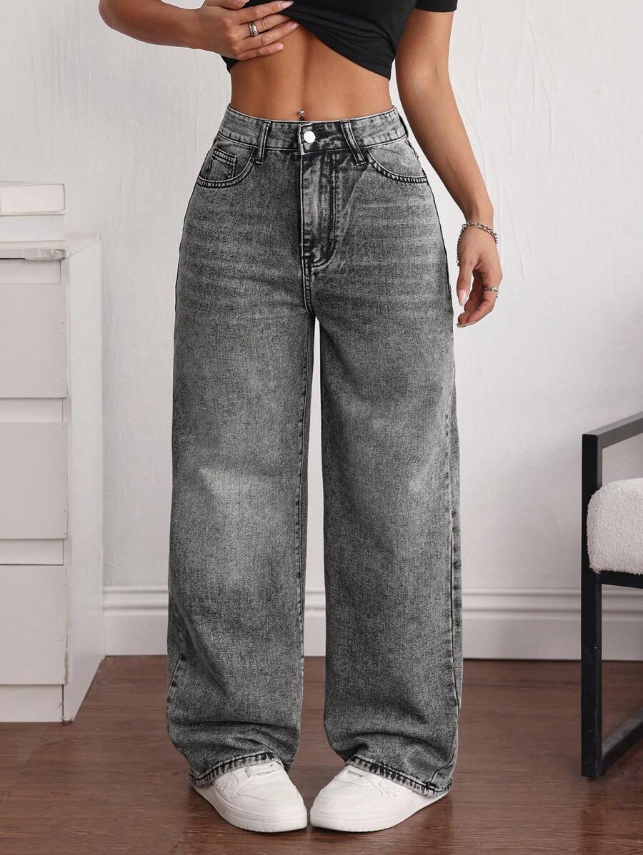 SHEIN ICON Quần denim ống rộng túi rộng thoải mái đa năng cho nữ - Xám - Xem 1