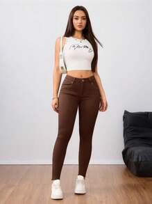 SHEIN Tall Women's Plain Simple Jeans, Fashionable For Summer - Coffee Brown - View 4