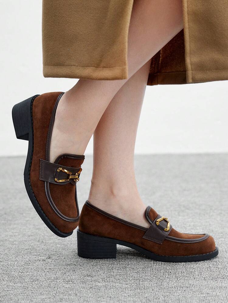 CUCCOO BIZCHIC Women's Round Toe Chunky Heel Brown Flower Decorated PU Leather Slip-On Shoes, Fashionable, Comfortable For Daily, Party Wear