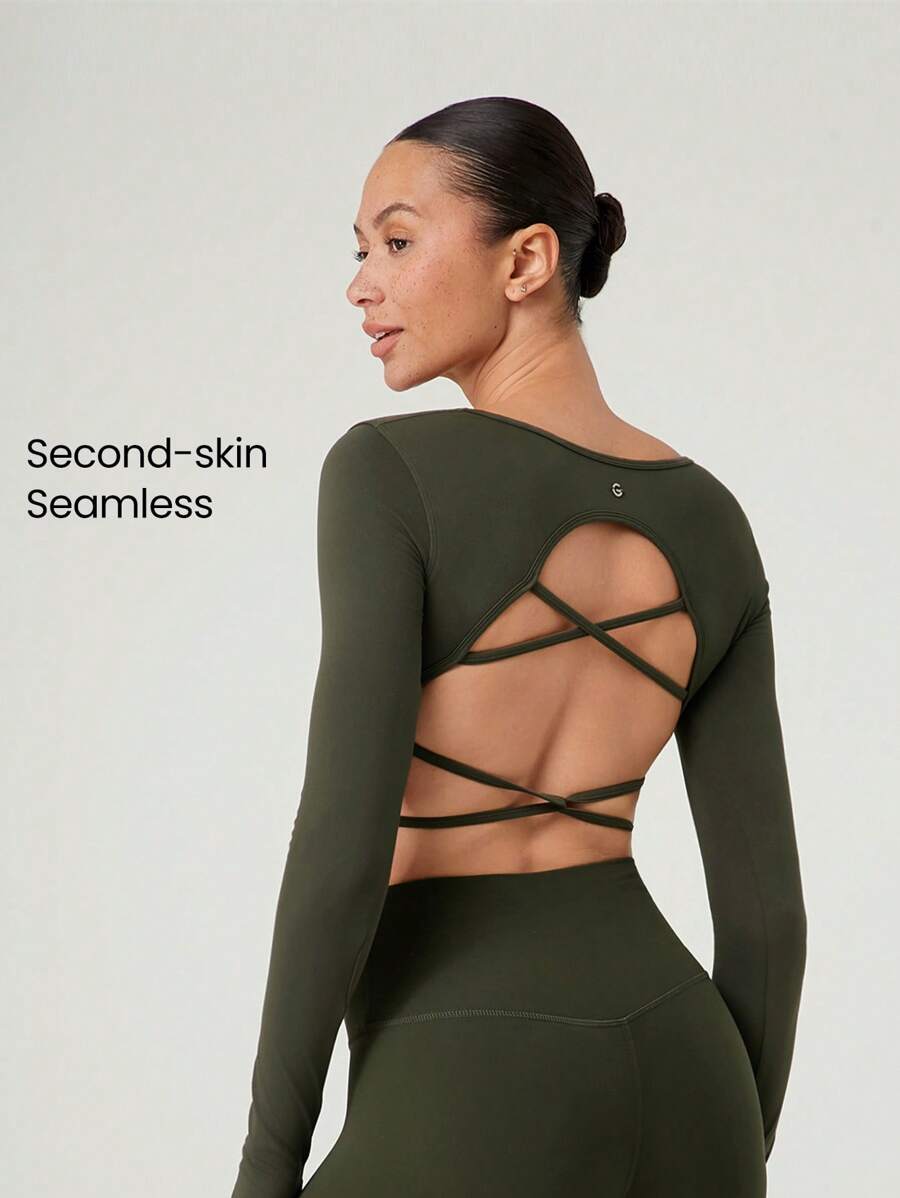 GLOWMODE Seamless Fitted Long Sleeve Crop Tee With Lace-Up Back Light Support Low Impact Yoga Pilates Daily Spring Summer - Mistle Toned - View 1