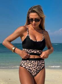 Swim Lushoire Frauen Bikini Set mit hoher Taille, Leopardenmuster, schwarz elegant, für den Strandurlaub
