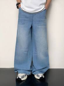 SHEIN Tween Boy Y2k Fashion Casual Based Blue Cel Cool Feeling Denim Baggy Jeans For Boy Costume Dailywear And The Four Seasonsr Kids Clothes
