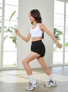 SHEIN Tween Girls Basic Black Leggings With Built-In Shorts, Modest Casual Sports Pants, Knit Fashion Activewear For Girls & Teenagers