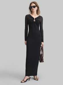 Ontre Vestido de mujer sin mangas con corte calado y cinturón, vestido urbano negro elegante, cómodo y de corte ceñido