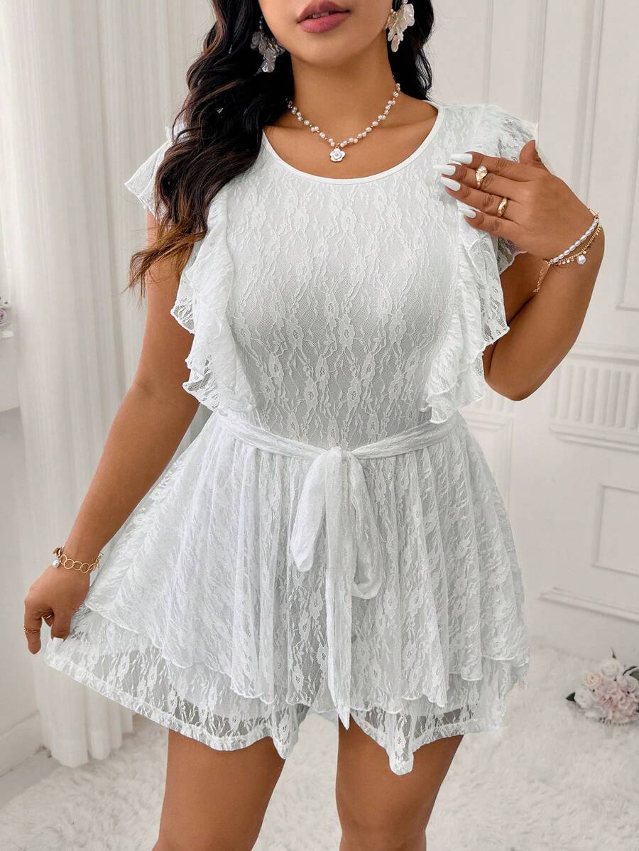 SHEIN Clasi Bộ đồ liền thân hai lớp ren tay lửng đan thanh lịch cỡ lớn màu trắng cho nữ - trắng - Xem 1