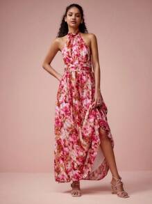 Enchnt Women's Elegant Floral Print Backless Dress