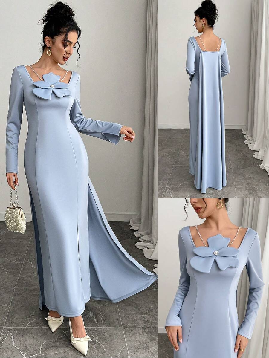 Modelyn Women's Elegant Solid Color 3D Floral Decor Long Sleeve Dress - Blue - View 1