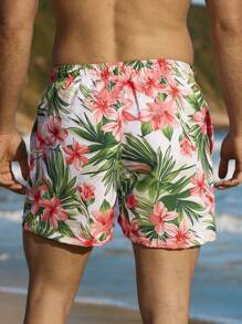 Manfinity Swimmode Men's Tropical Plant Print Drawstring Waist Casual Beach Shorts Men Swim Trunks - Multicolor - View 2