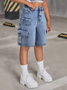 SHEIN Pantaloncini di jeans cargo ampi a vita alta con tasche a patta per ragazze pre-adolescenti, stile Y2K, abbigliamento primavera/estate per ragazze per il ritorno a scuola, versatili, casual, boho, per festival, uscite in spiaggia, cerimonie di laurea