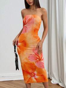 INAWLY 芙蓉花印花管紧身连衣裙，适合假期穿着，优雅的夏威夷夜露背夏季连衣裙