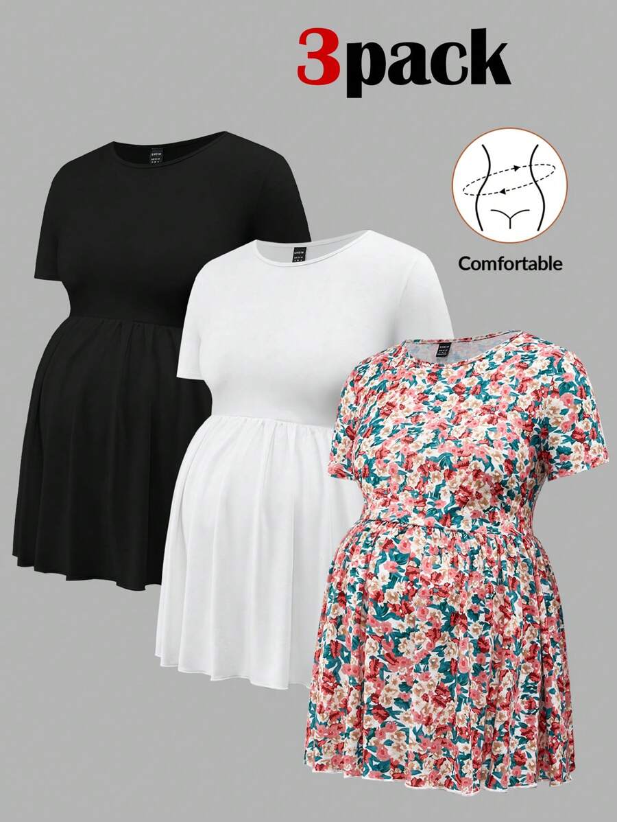 SHEIN Maternity T-Shirt, Simple Casual Design For Daily Wear - Multicolor - View 1