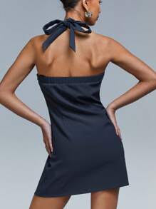 Athîral 女士优雅纯色露背挂脖迷你连衣裙 - 深灰色 - 查看 2