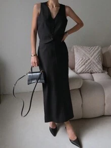 DAZY Conjunto de 2 piezas de chaleco y falda de unicolor para uso casual y de oficina para mujeres