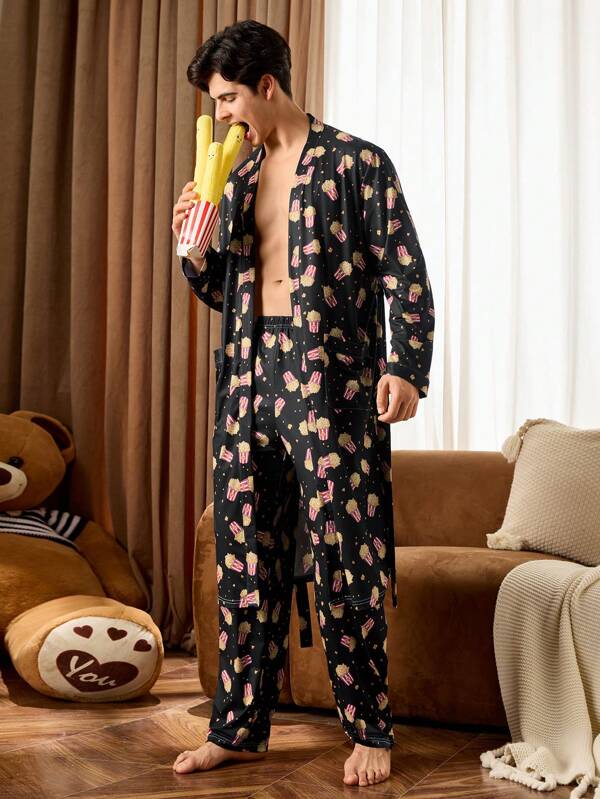 Happy Jammies Men Popcorn Print Pajama Set, Long Sleeve Top And Long Pants Loungewear