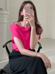 DAZY Casual Solid Color Asymmetrical Ruched Collar T-Shirt,Crop Tops Women - Hot Pink - View 7