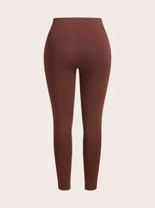 SHEIN EZwear Quần legging dệt kim màu trơn cỡ lớn cho nữ - Cà phê nâu - Xem 6