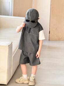 SHEIN Leap Crew 2 Packs Young Boys Boys' Casual Sports College Art Retro Japanese And Korean Loose-Fitting Striped 2 In 1 T-Shirt And Shorts Set Suitable For Kids Outfits Young Boy Clothes Back To School Boys Set Suitable For Birthday Parties, Evening Parties, Performances, Weddings, Baptisms, Opening Ceremonies, Daily Suitable For Daily Use Suitable For School Suitable For Travel Suitable For Sports Suitable For Spring And Summer Seasons - Black - View 3