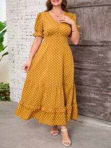 SHEIN Clasi Plus Size Women's Yellow Polka Dot Print Ruffle Hem Elegant Dress, Women's Resort Wear, Women's Summer Dress, Women's Business Casual Wear, Going Out Wear, Women's Office Wear, Women's Spring Dress, Festival Wear, Old Money Wear, Polka Dot Dress Women's Plain Wear, Romantic Dress, Women's Floral Dress - Yellow - View 6