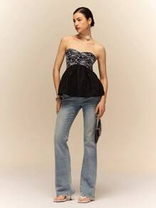 Poéselle Schwarzes besticktes Top, Sommer Top, Damen florales besticktes plissiertes Bandeau Top, modischer Stil